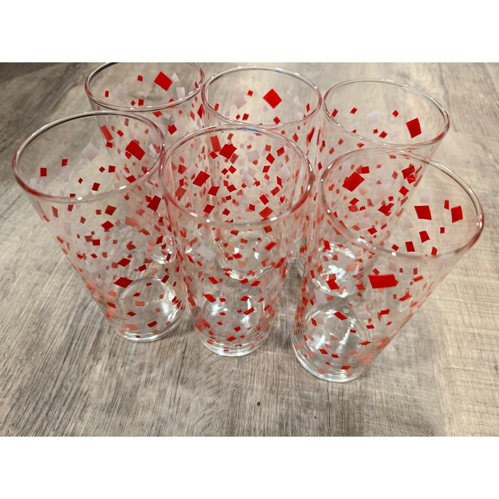 Vintage MCM Confetti Drinking Glasses Set of 6 Red Pink White Diamond Pattern